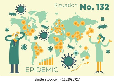 Flat medical illustration on the theme of the epidemic: a doctor and a nurse holding their heads, looking at the map of the world with the centers of the epidemic.