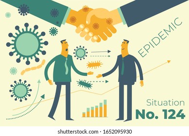 Flat medical illustration on the theme of the epidemic: handshake in which viruses and bacteria are transmitted. The spread of the epidemic.