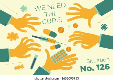 Flat medical illustration on the theme of the epidemic: hands reaching for drugs, syringe, tablets.