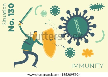 Flat medical illustration on the theme of the epidemic: a man with a shield and a sword protects the body from a viral disease. Immune system.