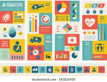 Flat Medical Infographics Elements Plus Icon Set. Vector.