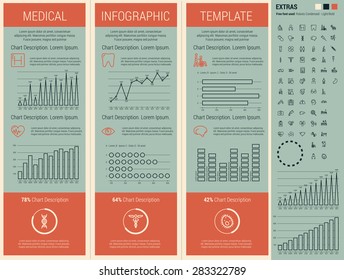 Elementos de infografía médica plana más conjunto de iconos. Vector.