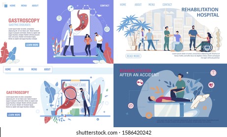 Flat Medical Landing Page Set Offer Gastroscopy Test and Rehabilitation. Musculoskeletal System and Muscle Tissue Recovery after Injury, Accident. Vector Cartoon Doctors and Patients Illustration