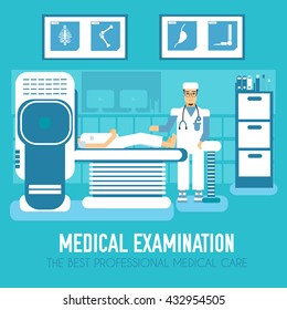 Flat medical MRI diagnostic technology scan with doctor in clinic. Vector design illustration 