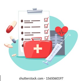 Flat medical paper document for health insurance. Healthcare items as syringe, drugs, doctors red bag, heart symbol, skeleton x-ray, filled patient form with marks. Vector cartoon illustration