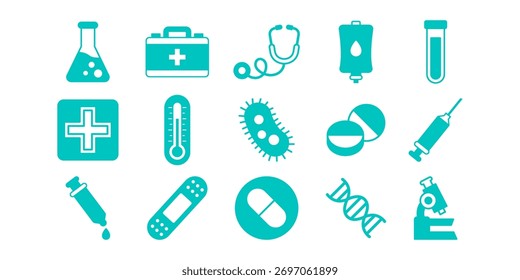 Conjunto de iconos médicos y científicos planos con cruz de salud, jeringa, microscopio, píldoras, bacterias y herramientas de laboratorio. Perfecto para proyectos de diseño de atención médica, biología, farmacéutica y hospitalaria.