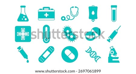 Flat medical and science icon set with health cross, syringe, microscope, pills, bacteria, and lab tools. Perfect for healthcare, biology, pharmaceutical, and hospital design projects.