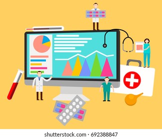 Flat medical services doctor nurse first aid concept web infographic vector illustration. The computer near which go little doctors. Big case micro hospital staff  pill, syringe, thermometer. 