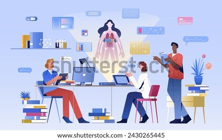 Flat medical students, doctors or nurses studying in hospital. Medicine education. Young physician specialist, group of interns learning human anatomy online. Healthcare seminar, remote class, lecture