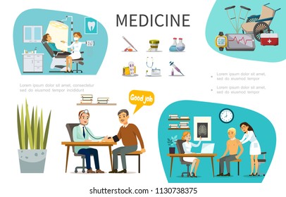 Flat medical treatment concept with patients visiting different doctors wheelchair crutches thermometer pills bottles stethoscope syringe vector illustration