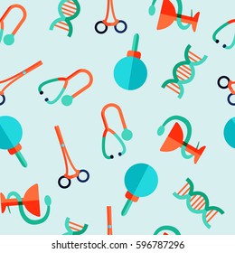 Flat medical treatment seamless pattern with colorful enema stethoscope scissors dna and Hygeia signs vector illustration