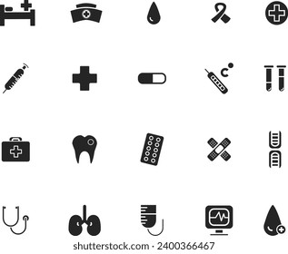 Flat Medical vector icon set - heart pulse vector, first aid kit, oxygen, disabled, cross, thermometer, flask, vial, gender sign, dna, magnifier, pregnancy, insemination, syringe, crutches, scissors,