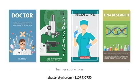 Flat medical vertical banners with doctor nurse syringe thermometer pills scalpel microscope plaster dna laboratory flasks vector illustration