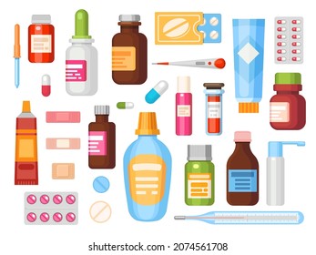 Flat medication in bottles, pills, capsules and tablets. Medical drugs containers, ointments, vitamins and antibiotics. Pharmacy vector set. Isolated objects for healthcare and treatment