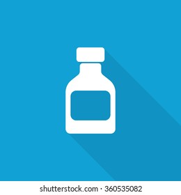 Flat Medicine Bottle icon with long shadow on blue backround