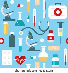 Flat medicine colored seamless pattern with isolated icons of medicine equipment and accessories vector illustration