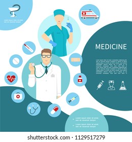 Flat medicine composition with doctor nurse ambulance car thermometer pill drug heart medical kit stethoscope syringe bottle plaster vector illustration