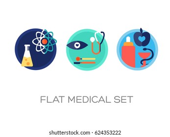 Flat medicine elements set with colorful medical equipment signs and icons on white background isolated vector illustration