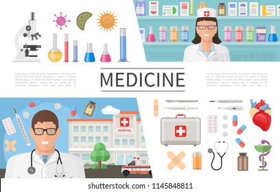 Flat medicine elements set with doctor pharmacist laboratory equipment cells medical box syringe drugs pills heart plaster hospital stethoscope thermometer vector illustration