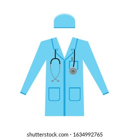 Flat medicine icon of medical gown, medical cap and stethoscope isolated on white background. Doctor avatar. Design elements. Vector illustration.