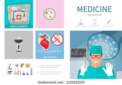 Flat medicine infographic template with surgeon medical kit syringe pills drugs healthy heart stethoscope thermometer laboratory equipment vector illustration