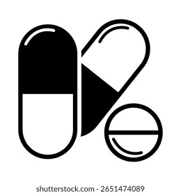 Flat medicine pill and capsule icon set in black silhouette style, vector EPS 10 format. Represents pharmaceutical drugs, vitamins, or supplements used in healthcare apps, packaging and medical design