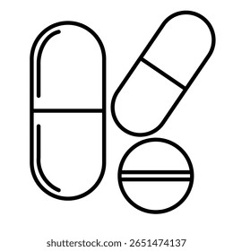 Flat medicine pill and capsule icon set in black silhouette style, vector EPS 10 format. Represents pharmaceutical drugs, vitamins, or supplements used in healthcare apps, packaging and medical design