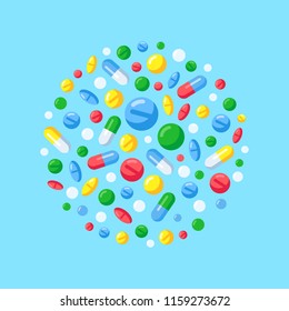 Flat medicine pills background. Painkiller drug pill and medication tablet vitamin capsule. Drugs pharmaceutical prescription tablets painkillers for cure treatment isolated vector illustration