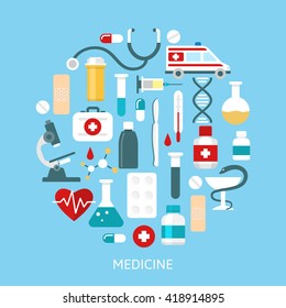 Flat Medicine Poster With Medical Accessories In The Middle Combined To Round Shape Vector Illustration