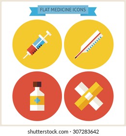 Flat Medicine Website Icons Set. Vector Illustration. Flat Circle Icons for web. Collection of Health Care and Medical Colorful Circle Icons. Healthy Lifestyle and Hospital