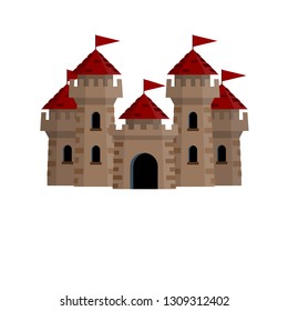 Flat Medieval castle with towers, wall, gate and red roof with flag. Protection of the knight and the king. Military old structure. European history and architecture. Cartoon illustration