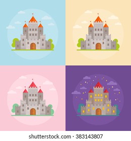 Flat medieval castles set with clouds, trees and night scene