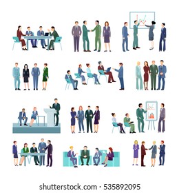 Flat meeting conference groups set of business people discussing strategies of company development isolated vector illustration