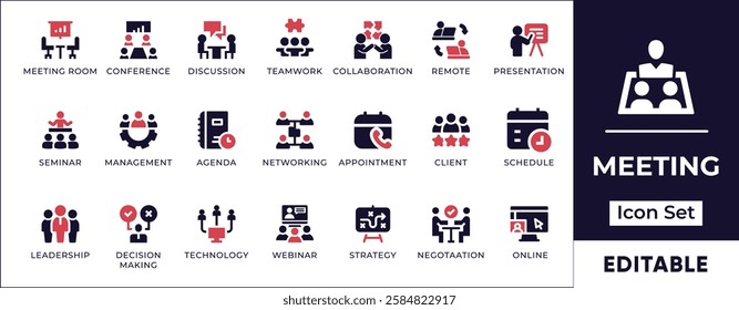 Flat meeting rooms icon set featuring conference calls, teamwork, corporate discussions, brainstorming sessions, remote meetings, and collaboration tools. Perfect for business and corporate projects.