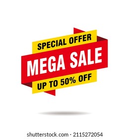 flat mega sale banner isolated on white background, modern mega sale advertisement with red and yellow color template vector