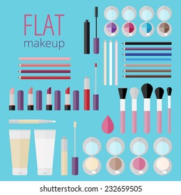 Flat mega set of makeup products!Makeup product for eyes, face, lips and tools. Mascara, eyeshadow, lipstick, lip gloss, lip liner, eyeliner, eyebrow pencil, brushes, sponge, foundation, powder, blush