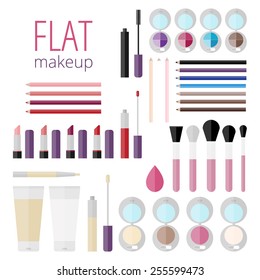Flat mega set of makeup products!Makeup product for eyes, face, lips and tools. Mascara, eyeshadow, lipstick, lip gloss, lip liner, eyeliner, eyebrow pencil, brushes, sponge, foundation, powder, blush