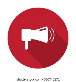 Flat Megaphone icon with long shadow on red circle