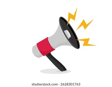 Flat megaphone with yellow lightning isolated on white background