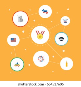 Flat Memorial Day, Fire Wax, Ribbon And Other Vector Elements. Set Of Memorial Flat Symbols Also Includes Medallion, Army, Firework Objects.
