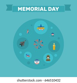Flat Memorial Day, Firecracker, Aircraft And Other Vector Elements. Set Of Memorial Flat Symbols Also Includes Wax, Firecracker, Brazier Objects.