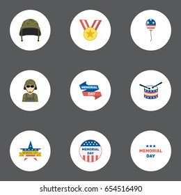 Flat Memorial Day, Soldier Helmet, Usa Badge And Other Vector Elements. Set Of Day Flat Symbols Also Includes Drum, Banner, Memorial Objects.