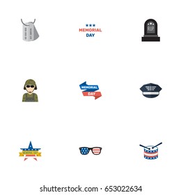 Flat Memorial Day, Spectacles, Tomb And Other Vector Elements. Set Of History Flat Symbols Also Includes Man, Rip, Instrument Objects.
