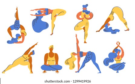 Flat memphis vector collection of yoga asanas. Men and women engage in yoga. Healthy lifestyle. Trendy illustration