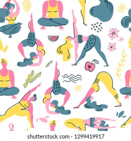 Flat memphis vector seamless pattern with yoga asanas. Men and women engage in yoga. Healthy lifestyle. Trendy illustration