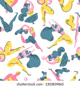 Flat memphis vector seamless pattern with yoga asanas. Men and women engage in yoga. Healthy lifestyle. Trendy illustration