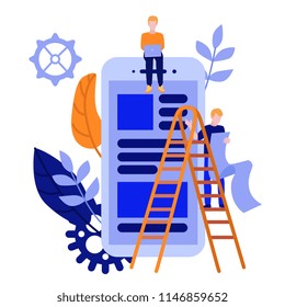 Flat men IT, software developer designer sitting on big scrum agile board on smartphone  with daily tasks, climbing stairway ladder set on abstract leaves, gears background. Vector illustration.