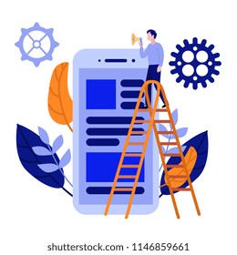 Flat men IT, software developer designer standing at stairway ladder speaking in loudspeaker megaphone near big scrum agile board on smartphone screen with daily tasks. Vector illustration.