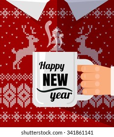 Flat men in warm christmas sweater with cup a coffee cup congratulation. Happy new year postcard. 
