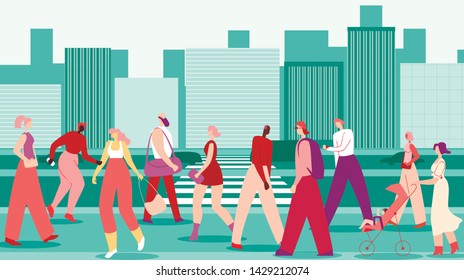 Flat Men and Women Walk Along Big City Street. City Residents Go about their Business in Pedestrian Zone City. Walking is Good for Health. People Rush Down Street Metropolis. Vector Illustration.